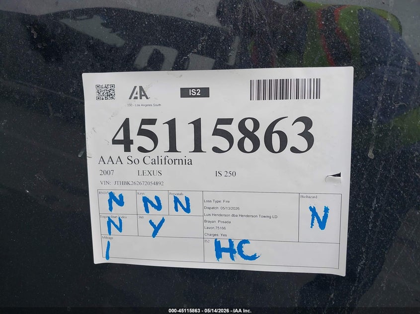 2007 Lexus Is 250 VIN JTHBK262672054892 IAAI salvage auction — ENGINE BURN, Non-Repairable (California), sold $250 on 2026-07-08 (photo 9)