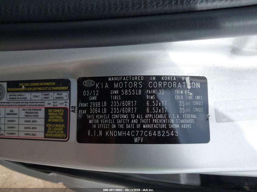 2012 Kia SEDONA VIN KNDMH4C77C6482543 IAAI salvage auction — REAR END, Clear (Indiana), sold $1,250 on 2026-07-07 (photo 9)