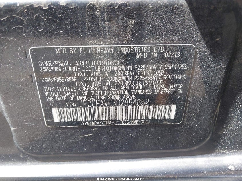 2013 Subaru Xv VIN JF2GPAVC3D2854852 IAAI salvage auction — FRONT END, Salvage (Utah), sold $750 on 2026-07-16 (photo 9)