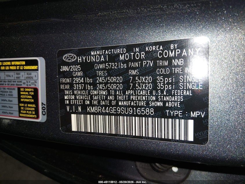 2025 Hyundai Palisade VIN KM8R44GE9SU916588 IAAI salvage auction — FRONT END, Salvage (Arizona), sold $15,075 on 2026-07-28 (photo 9)