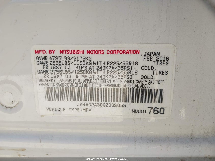 2016 Mitsubishi Outlander VIN JA4AD2A30GZ032055 IAAI salvage auction — FRONT END, Salvage (Texas), sold $1,150 on 2026-07-24 (photo 9)