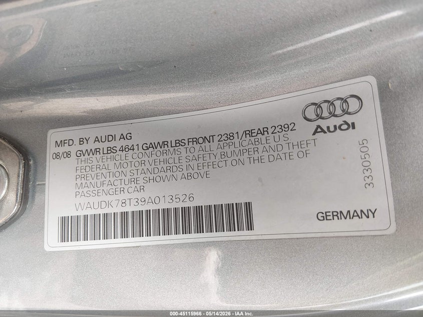 2009 Audi A5 VIN WAUDK78T39A013526 IAAI salvage auction — RIGHT FRONT, Salvage (Nebraska), sold $575 on 2026-07-16 (photo 9)