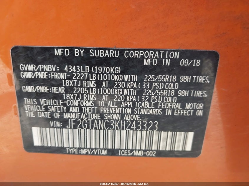 2019 Subaru Xv VIN JF2GTANC3KH243323 IAAI salvage auction — FRONT END, Original (Texas), sold $2,850 on 2026-07-16 (photo 9)