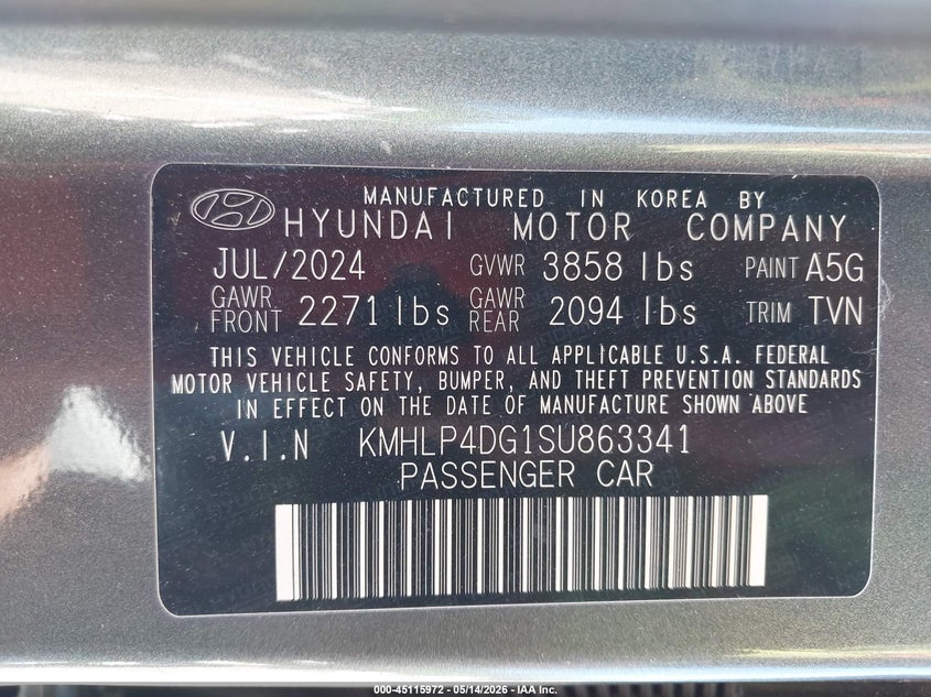 2025 Hyundai Elantra VIN KMHLP4DG1SU863341 IAAI salvage auction — FRONT & REAR, Salvage (Alabama), sold $6,925 on 2026-07-08 (photo 9)