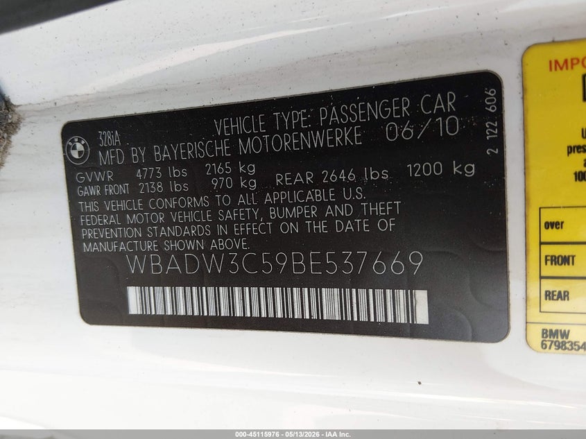 2011 BMW 3 series VIN WBADW3C59BE537669 IAAI salvage auction — NORMAL WEAR, Clear (Georgia), sold $1,300 on 2026-07-20 (photo 9)