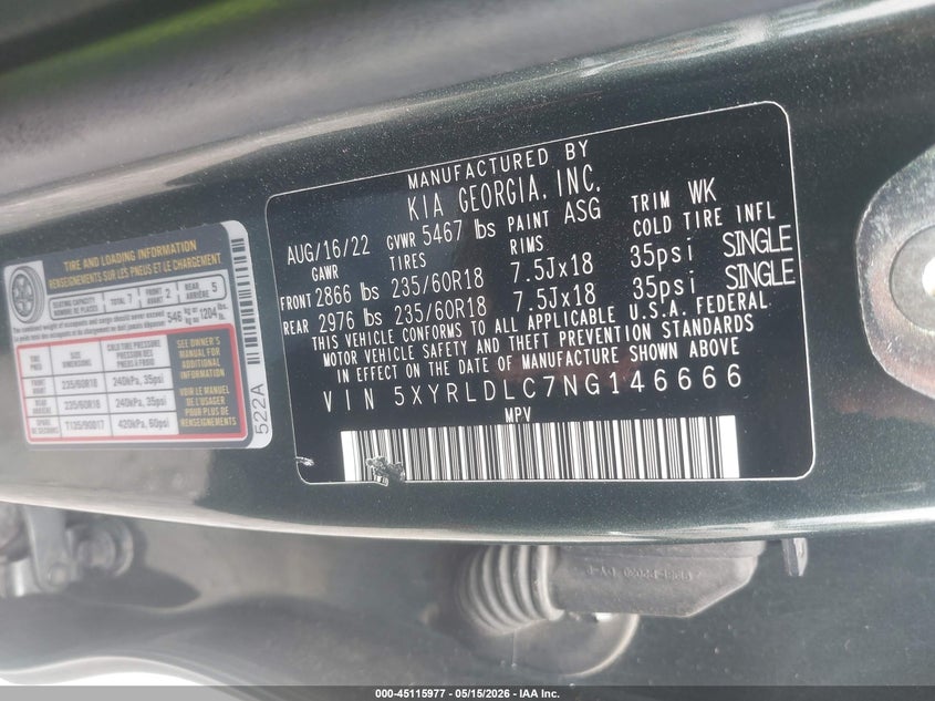 2022 Kia Sorento VIN 5XYRLDLC7NG146666 IAAI salvage auction — HAIL, Clear (Missouri), sold $11,050 on 2026-07-06 (photo 9)