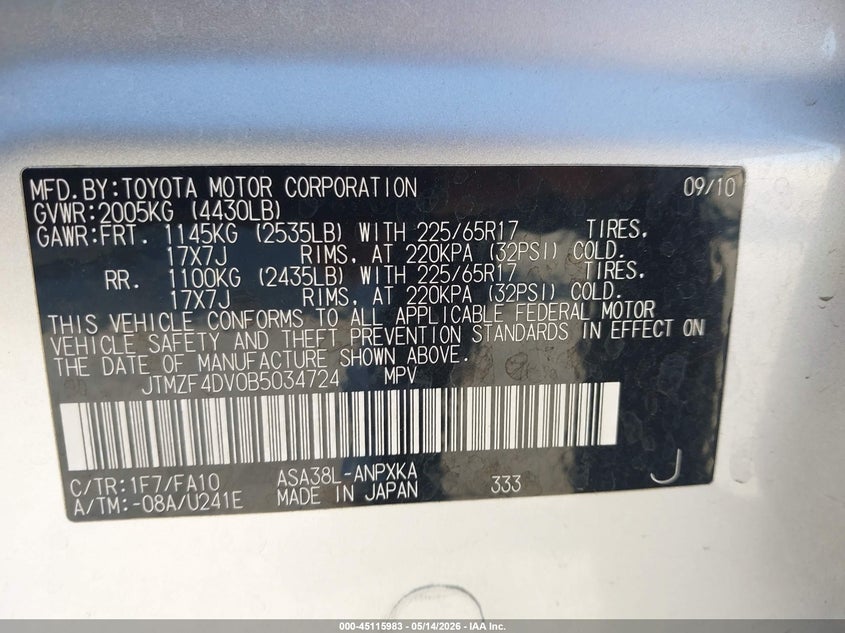 2011 Toyota Rav4 VIN JTMZF4DV0B5034724 IAAI salvage auction — FRONT END, Salvage (California), sold $1,725 on 2026-07-09 (photo 9)