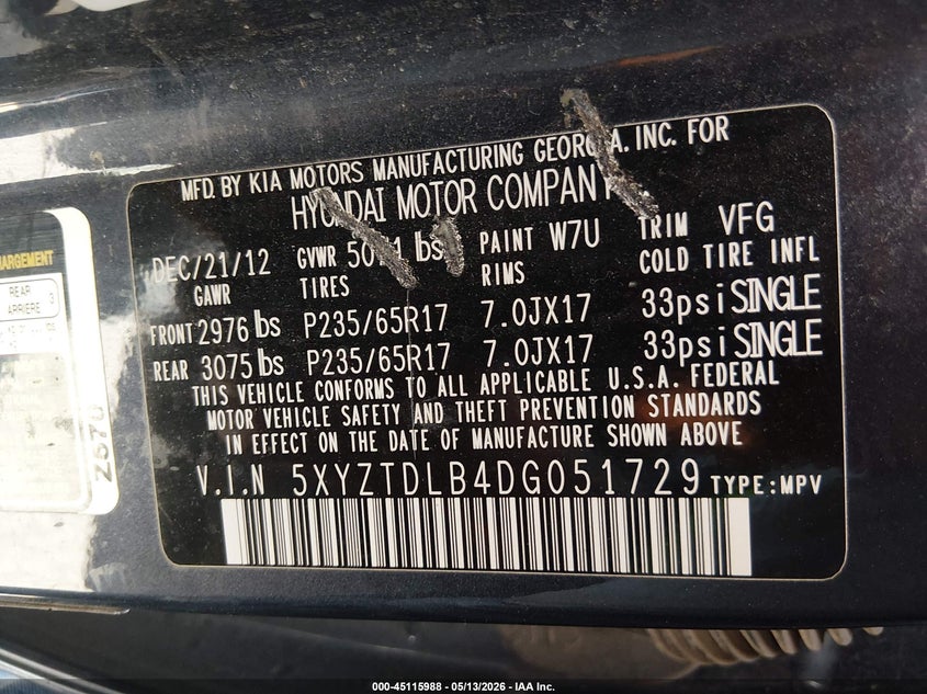2013 Hyundai Santa fe VIN 5XYZTDLB4DG051729 IAAI salvage auction — NORMAL WEAR, Salvage (Texas), sold $1,300 on 2026-07-21 (photo 9)