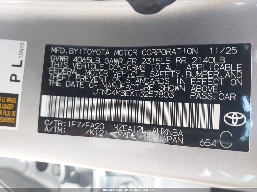 2026 Toyota Corolla VIN JTND4MBEXT3257803 IAAI salvage auction — RIGHT SIDE, Salvage (California), sold $6,600 on 2026-07-29 (photo 9)