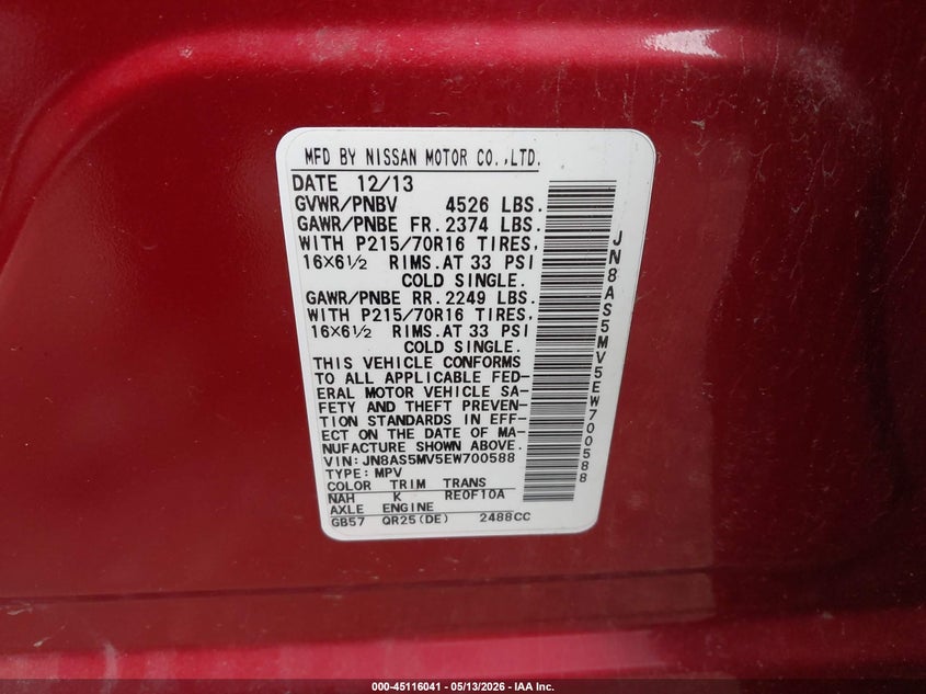 2014 Nissan Rogue VIN JN8AS5MV5EW700588 IAAI salvage auction — RIGHT SIDE, Salvage (Illinois), sold $375 on 2026-07-22 (photo 9)