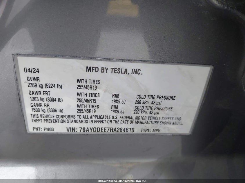 2024 Tesla Model y VIN 7SAYGDEE7RA284610 IAAI salvage auction — RIGHT REAR, Salvage (California), sold $11,050 on 2026-07-09 (photo 9)