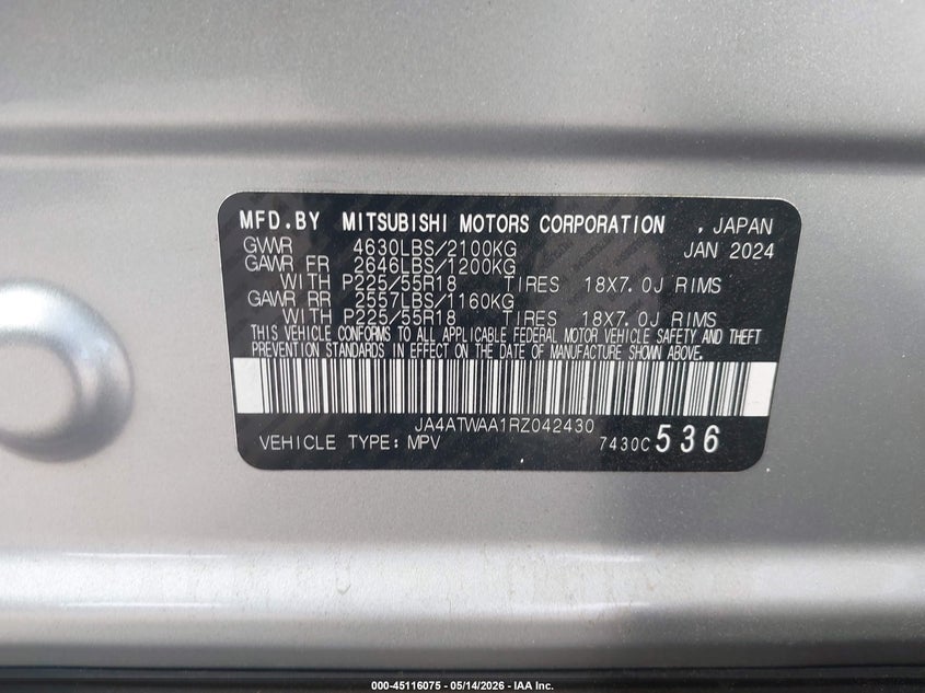 2024 Mitsubishi Eclipse cross VIN JA4ATWAA1RZ042430 IAAI salvage auction — REAR END, Salvage (California), sold $8,700 on 2026-07-10 (photo 9)