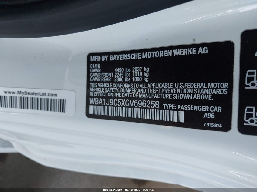 2016 BMW M2 VIN WBA1J9C5XGV696258 IAAI salvage auction — LEFT FRONT, Salvage (California), sold $7,500 on 2026-07-09 (photo 9)