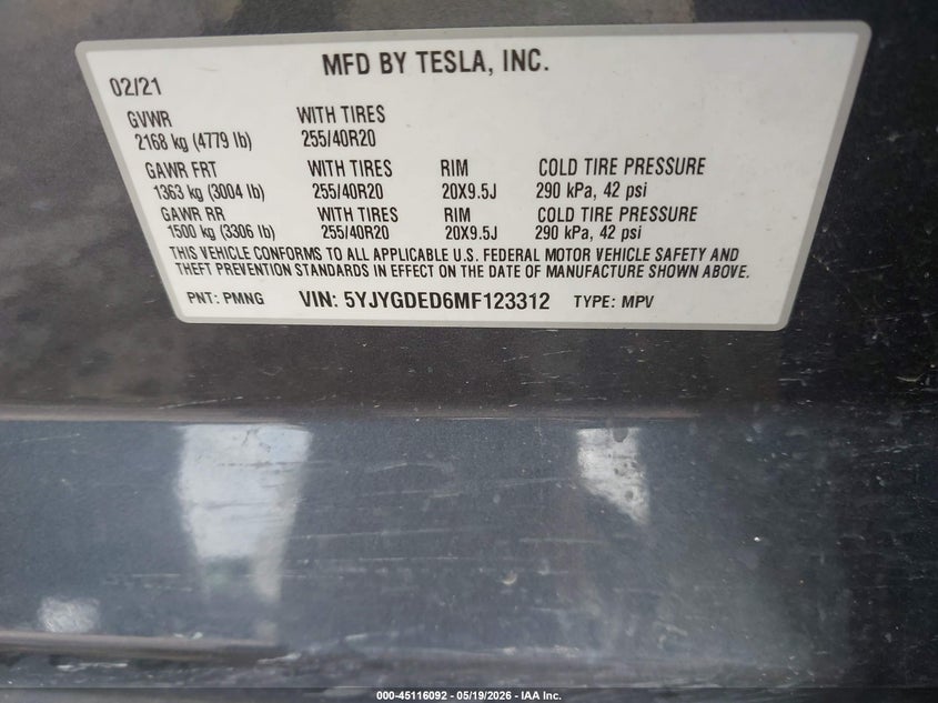 2021 Tesla Model y VIN 5YJYGDED6MF123312 IAAI salvage auction — SIDE, Salvage (Texas), sold $8,800 on 2026-07-31 (photo 9)