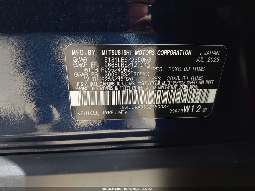 2025 Mitsubishi Outlander VIN JA4J3VA83SZ050087 IAAI salvage auction — FRONT END, Salvage (Texas), sold $12,500 on 2026-07-13 (photo 9)