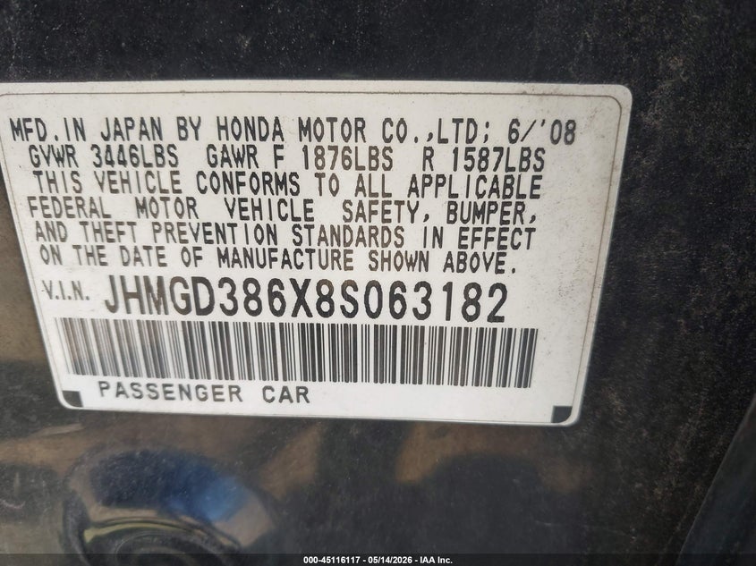 2008 Honda Fit VIN JHMGD386X8S063182 IAAI salvage auction — FRONT END, Clear (Indiana), sold $225 on 2026-07-28 (photo 9)