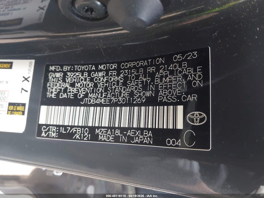 2023 Toyota Corolla VIN JTDB4MEE7P3011269 IAAI salvage auction — FRONT END, Bill Of Sale (Washington), sold $125 on 2026-07-28 (photo 9)
