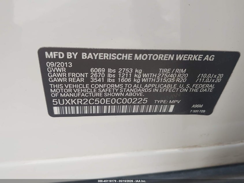 2014 BMW X5 VIN 5UXKR2C50E0C00225 IAAI salvage auction — HAIL, Original (Texas), sold $4,200 on 2026-07-22 (photo 9)
