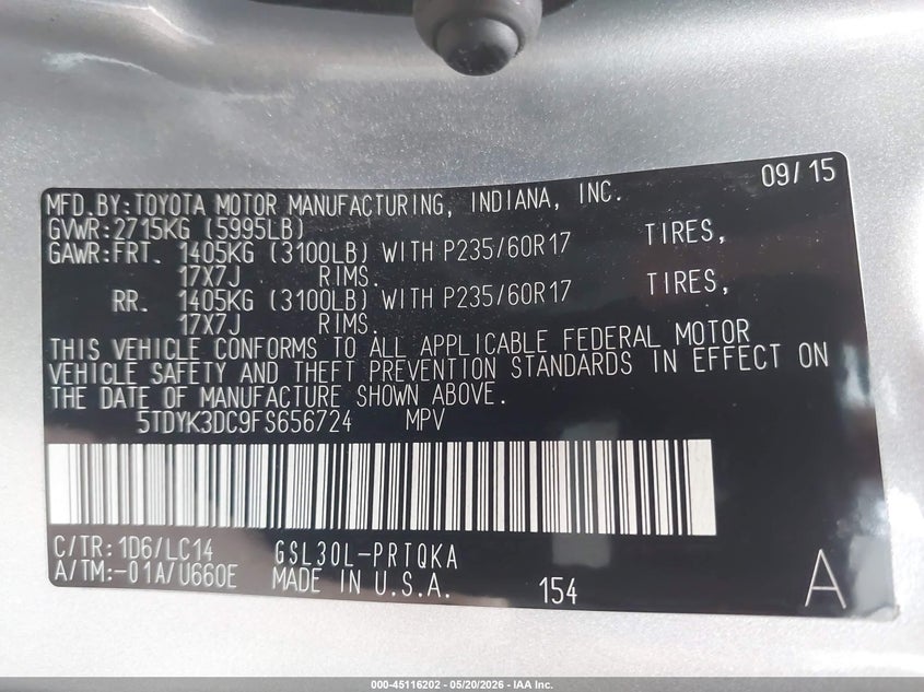 2015 Toyota Sienna VIN 5TDYK3DC9FS656724 IAAI salvage auction — HAIL, Clear (Missouri), sold $4,650 on 2026-07-06 (photo 9)