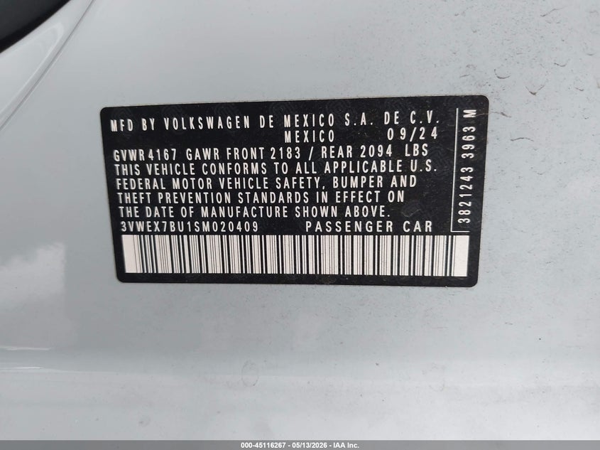 2025 Volkswagen Jetta VIN 3VWEX7BU1SM020409 IAAI salvage auction — REAR END, Salvage (California), sold $8,100 on 2026-07-31 (photo 9)