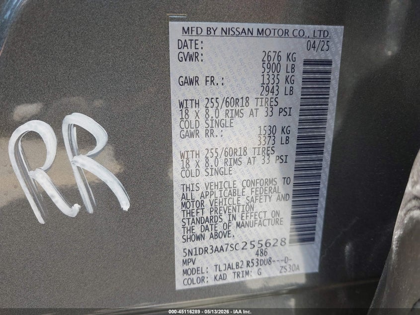 2025 Nissan Pathfinder VIN 5N1DR3AA7SC255628 IAAI salvage auction — SIDE, Salvage (California), sold $9,700 on 2026-07-22 (photo 9)