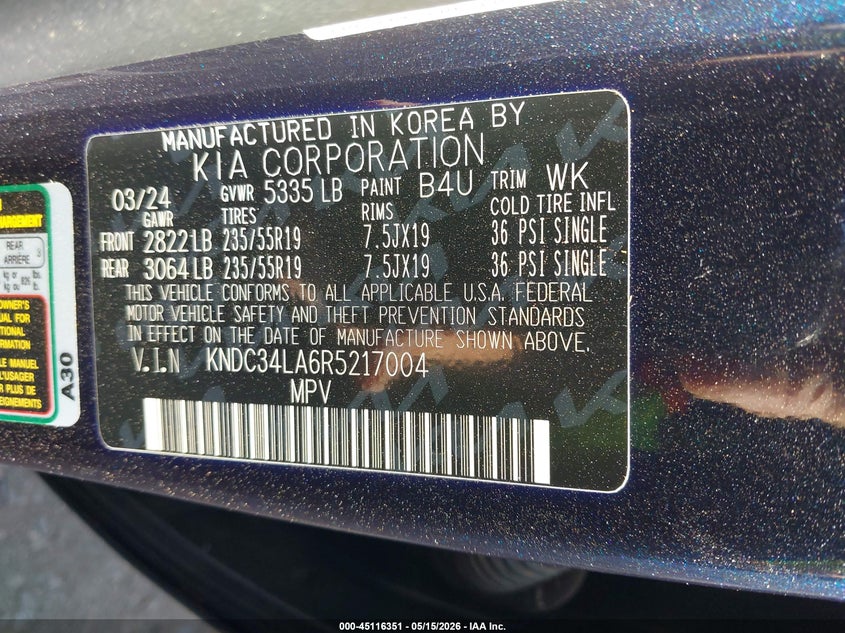 2024 Kia Ev6 VIN KNDC34LA6R5217004 IAAI salvage auction — REAR END, Original (Texas), sold $13,000 on 2026-07-30 (photo 9)