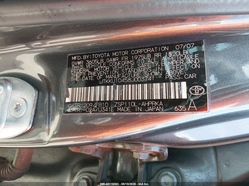 2008 Scion Xd VIN JTKKU10458J003741 IAAI salvage auction — RIGHT FRONT, Original (Texas), sold $1,200 on 2026-07-08 (photo 9)