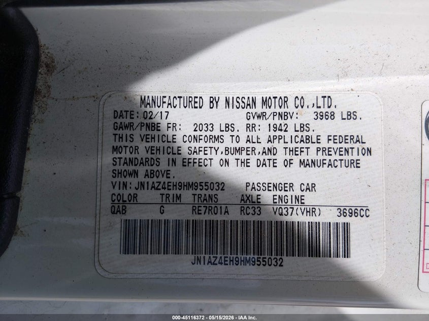 2017 Nissan 370z VIN JN1AZ4EH9HM955032 IAAI salvage auction — LEFT SIDE, Salvage (Texas), sold $1,625 on 2026-07-14 (photo 9)