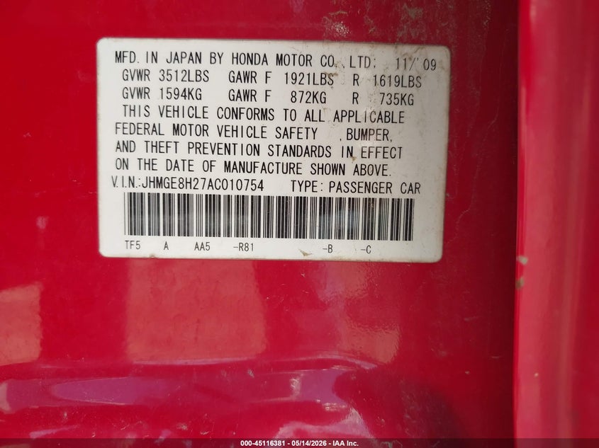 2010 Honda Fit VIN JHMGE8H27AC010754 IAAI salvage auction — REAR END, Original (Texas), sold $825 on 2026-07-15 (photo 9)