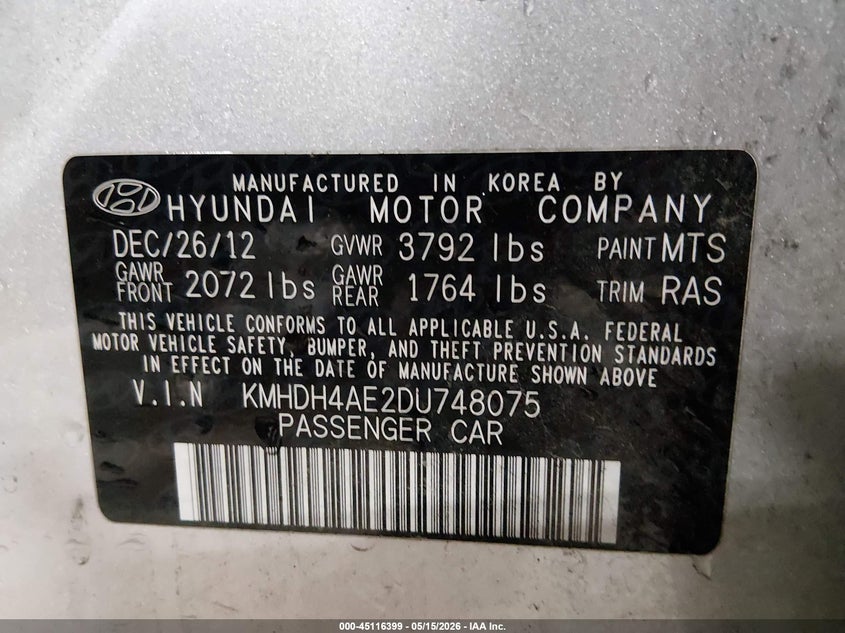 2013 Hyundai Elantra VIN KMHDH4AE2DU748075 IAAI salvage auction — FRONT END, Salvage (Idaho), sold $725 on 2026-07-17 (photo 9)