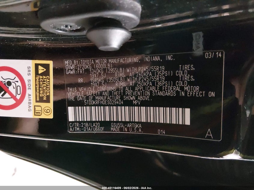 2014 Toyota Highlander VIN 5TDDKRFH0ES029404 IAAI salvage auction — FRONT END, Regular Certificate (Iowa), sold $7,300 on 2026-07-30 (photo 9)