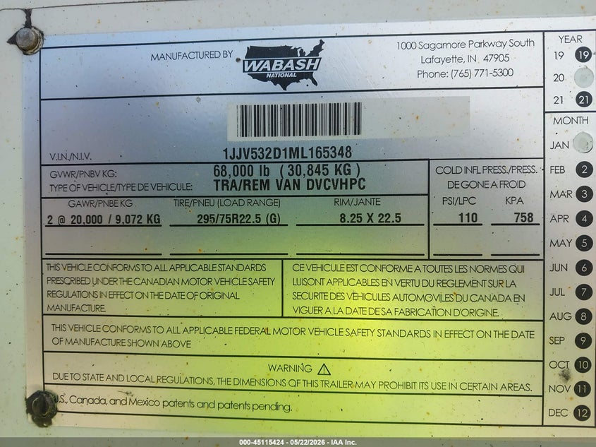 2021 Wabash national corp Unknown VIN 1JJV532D1ML165348 IAAI salvage auction — SUSPENSION, Salvage (Maine), sold $5,200 on 2026-07-22 (photo 9)