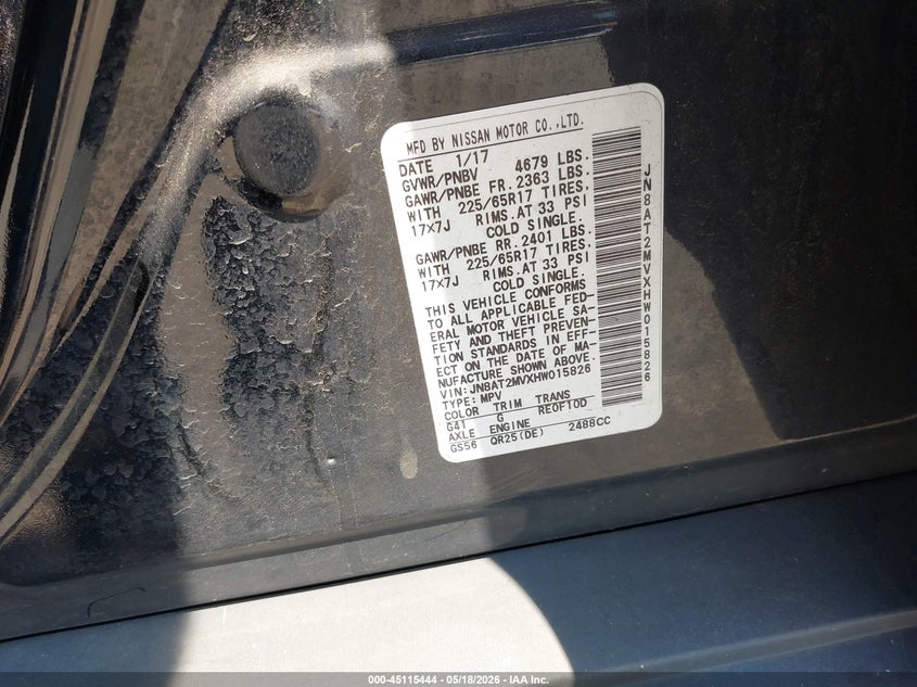 2017 Nissan Rogue VIN JN8AT2MVXHW015826 IAAI salvage auction — FRONT END, Salvage (New Jersey), sold $975 on 2026-07-13 (photo 9)