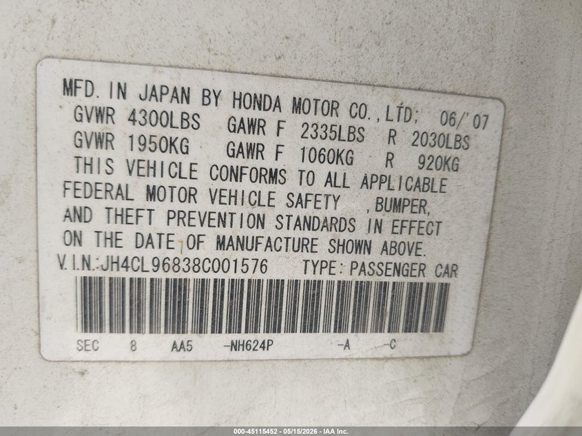 2008 Acura Tsx VIN JH4CL96838C001576 IAAI salvage auction — REAR END, Salvage (North Carolina), sold $400 on 2026-07-09 (photo 9)
