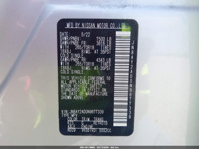 2022 Nissan Armada VIN JN8AY2AD0N9677339 IAAI salvage auction — NORMAL WEAR, Sf97 (Texas), sold $23,850 on 2026-07-07 (photo 9)