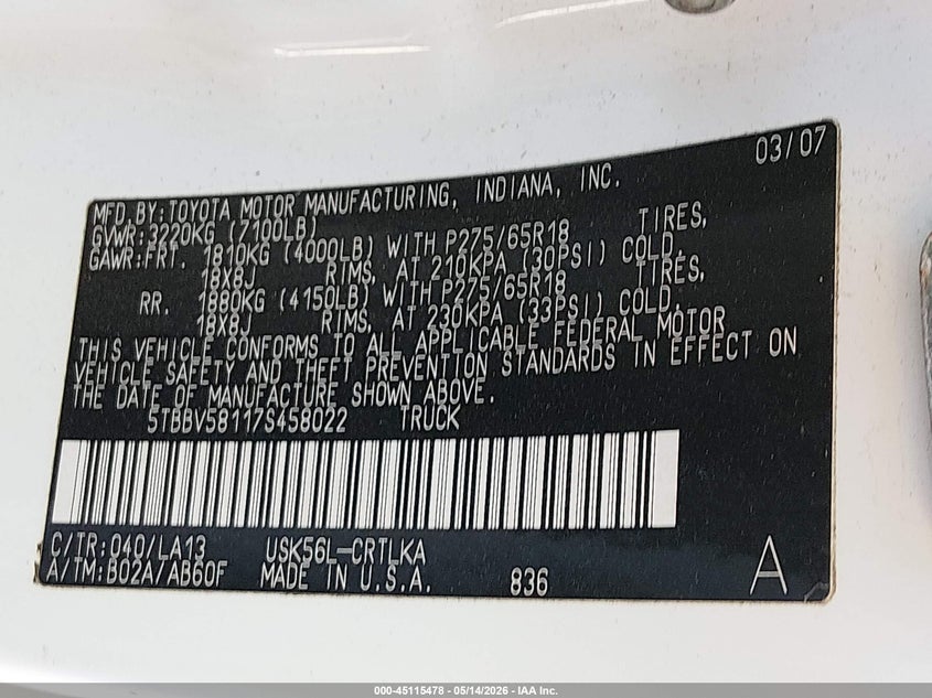 2007 Toyota Tundra VIN 5TBBV58117S458022 IAAI salvage auction — FRONT END, Salvage (Kentucky), sold $1,800 on 2026-07-15 (photo 9)