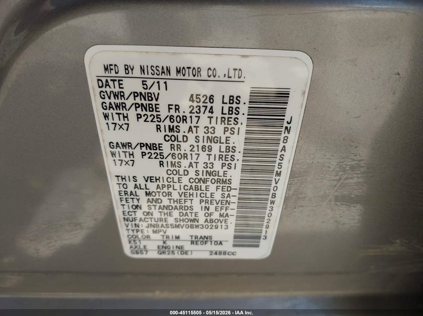 2011 Nissan Rogue VIN JN8AS5MV0BW302913 IAAI salvage auction — FRONT END, Clear (Virginia), sold $25 on 2026-07-10 (photo 9)