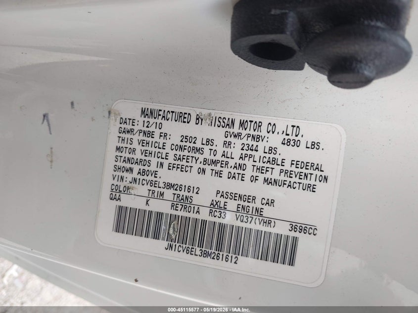 2011 Infiniti G37 VIN JN1CV6EL3BM261612 IAAI salvage auction — FRONT END, Salvage (Texas), sold $2,625 on 2026-07-15 (photo 9)