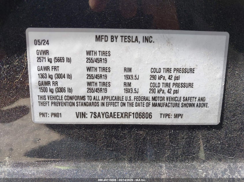 2024 Tesla Model y VIN 7SAYGAEEXRF106806 IAAI salvage auction — SIDE, Salvage (North Carolina), sold $13,250 on 2026-07-16 (photo 9)
