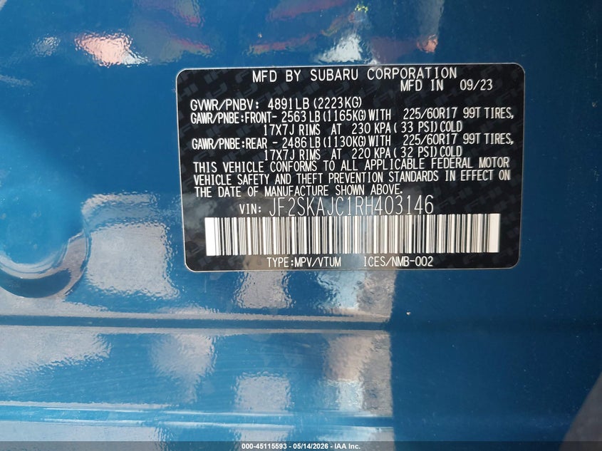2024 Subaru Forester VIN JF2SKAJC1RH403146 IAAI salvage auction — SIDE, Salvage (Texas), sold $6,100 on 2026-07-22 (photo 9)