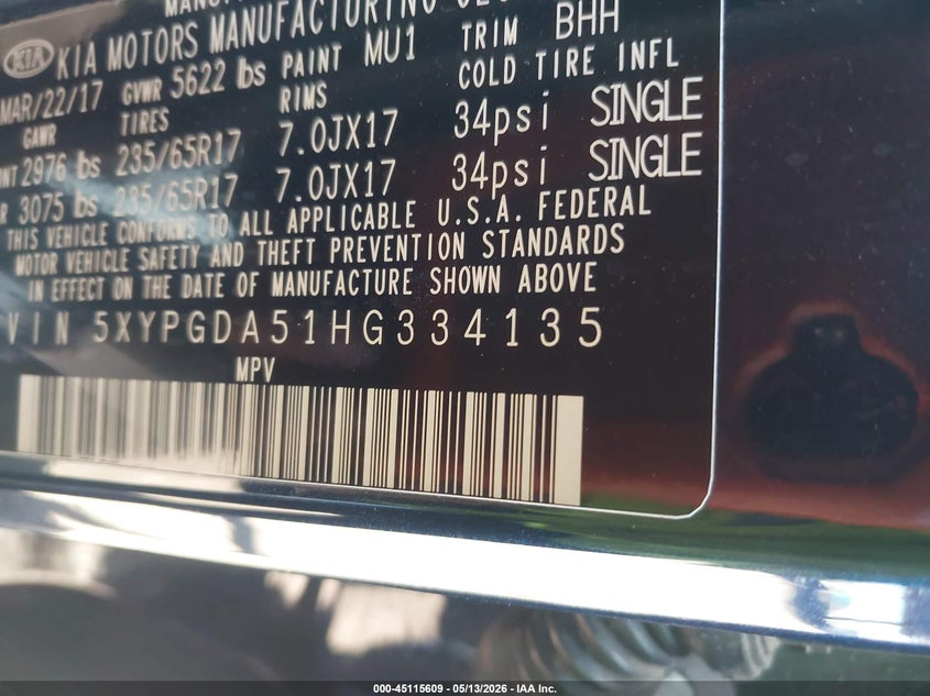 2017 Kia Sorento VIN 5XYPGDA51HG334135 IAAI salvage auction — FRONT & REAR, Salvage (Arizona), sold $3,550 on 2026-07-07 (photo 9)