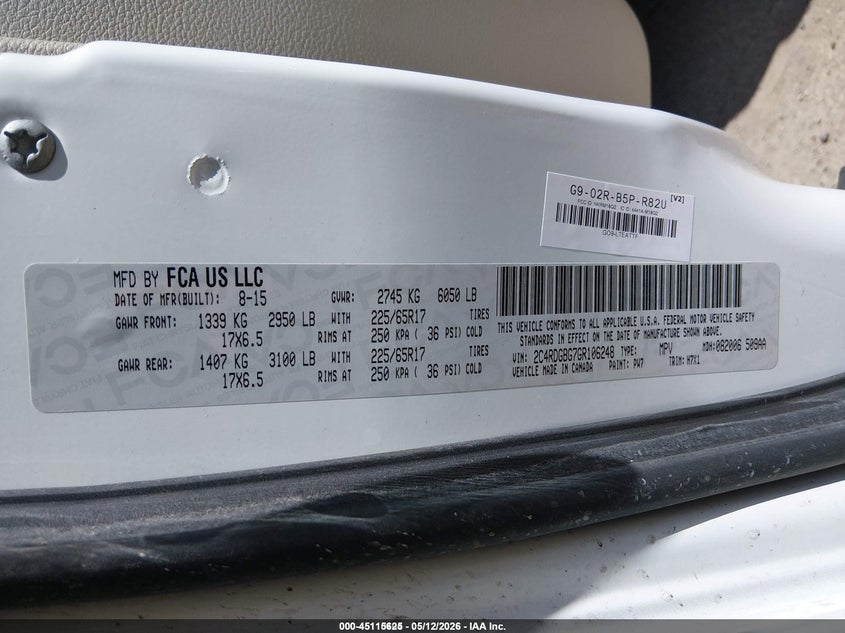 2016 Dodge Grand caravan VIN 2C4RDGBG7GR106248 IAAI salvage auction — NORMAL WEAR, Sf97 (Montana), sold $8,025 on 2026-07-08 (photo 9)