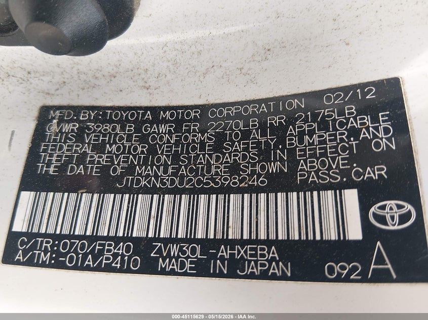 2012 Toyota Prius VIN JTDKN3DU2C5398246 IAAI salvage auction — ROLLOVER, Salvage (West Virginia), sold $1,800 on 2026-07-16 (photo 9)
