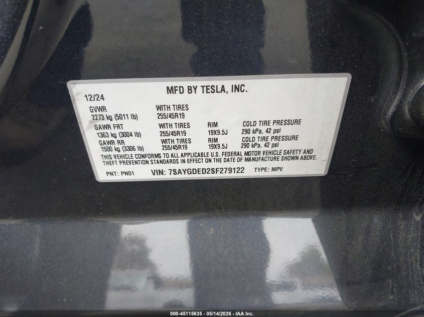 2025 Tesla Model y VIN 7SAYGDED2SF279122 IAAI salvage auction — FRONT END, Non-Repairable Certificate (California), sold $8,900 on 2026-07-17 (photo 9)