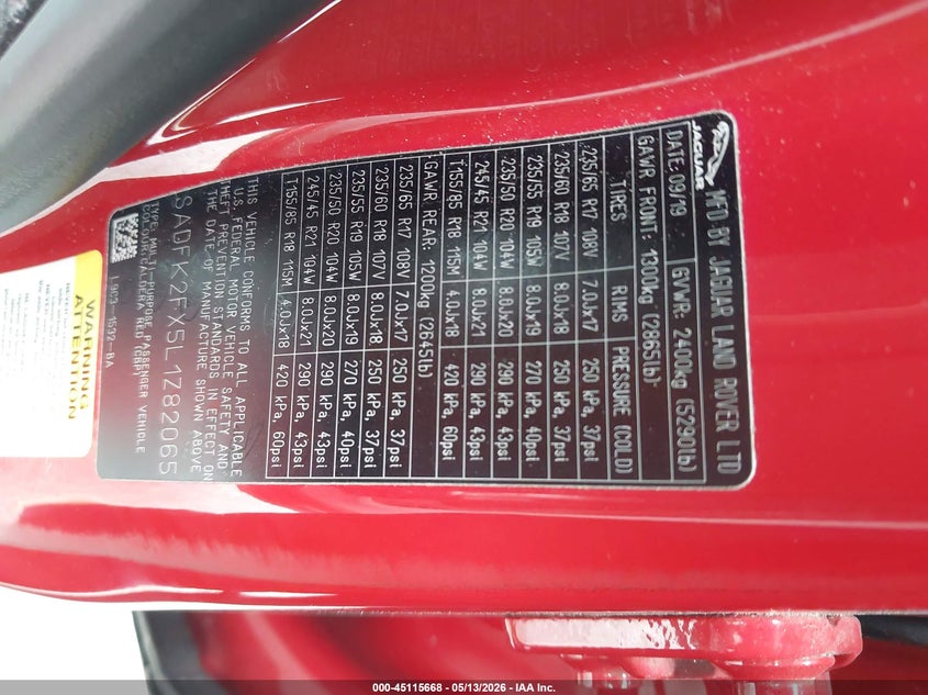 2020 Jaguar E-pace VIN SADFK2FX5L1Z82065 IAAI salvage auction — REAR END, Rebuildable (Florida), sold $5,250 on 2026-08-01 (photo 9)