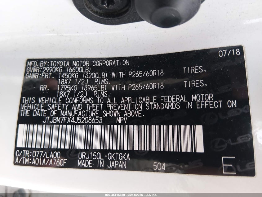 2018 Lexus Gx VIN JTJBM7FX4J5208653 IAAI salvage auction — ROLLOVER, Salvage (West Virginia), sold $9,100 on 2026-07-30 (photo 9)