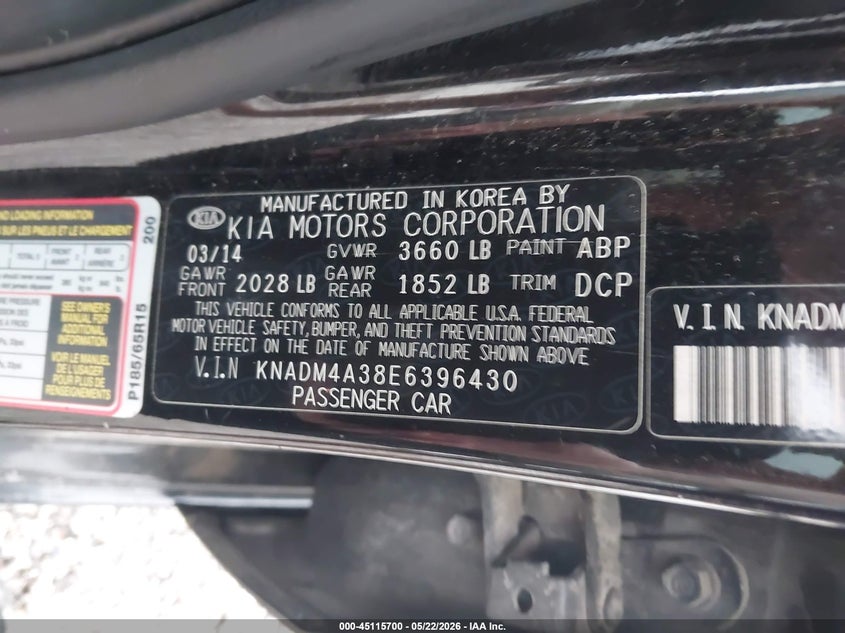 2014 Kia Rio VIN KNADM4A38E6396430 IAAI salvage auction — NORMAL WEAR, Clear (Missouri), sold $475 on 2026-07-13 (photo 9)