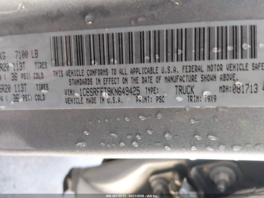 2019 Ram 1500 VIN 1C6SRFFT9KN649425 IAAI salvage auction — SIDE, Salvage (South Carolina), sold $5,900 on 2026-07-18 (photo 9)