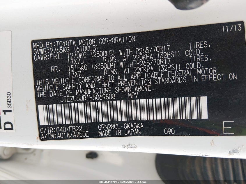 2014 Toyota 4runner VIN JTEZU5JR1E5069808 IAAI salvage auction — LEFT FRONT, Salvage (New Mexico), sold $4,050 on 2026-07-29 (photo 9)
