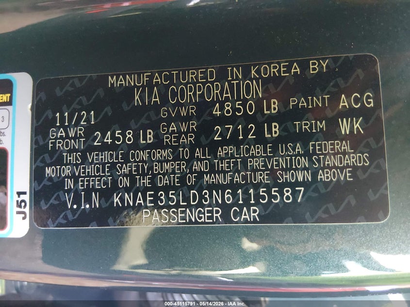 2022 Kia Stinger VIN KNAE35LD3N6115587 IAAI salvage auction — REAR END, Salvage (Arizona), sold $8,400 on 2026-07-21 (photo 9)